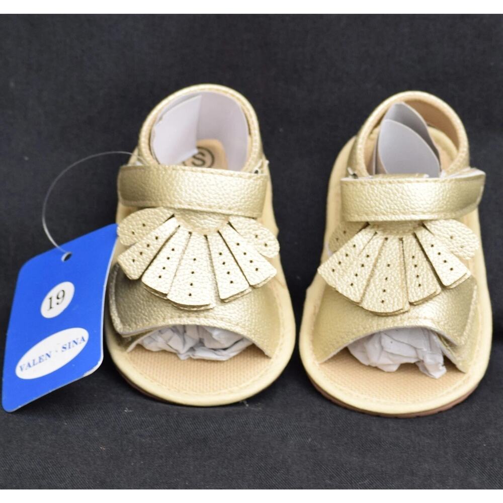 Valen Sina Infant Girl’s Size 4 Gold Fringe T‑Strap Sandals Early Walkers